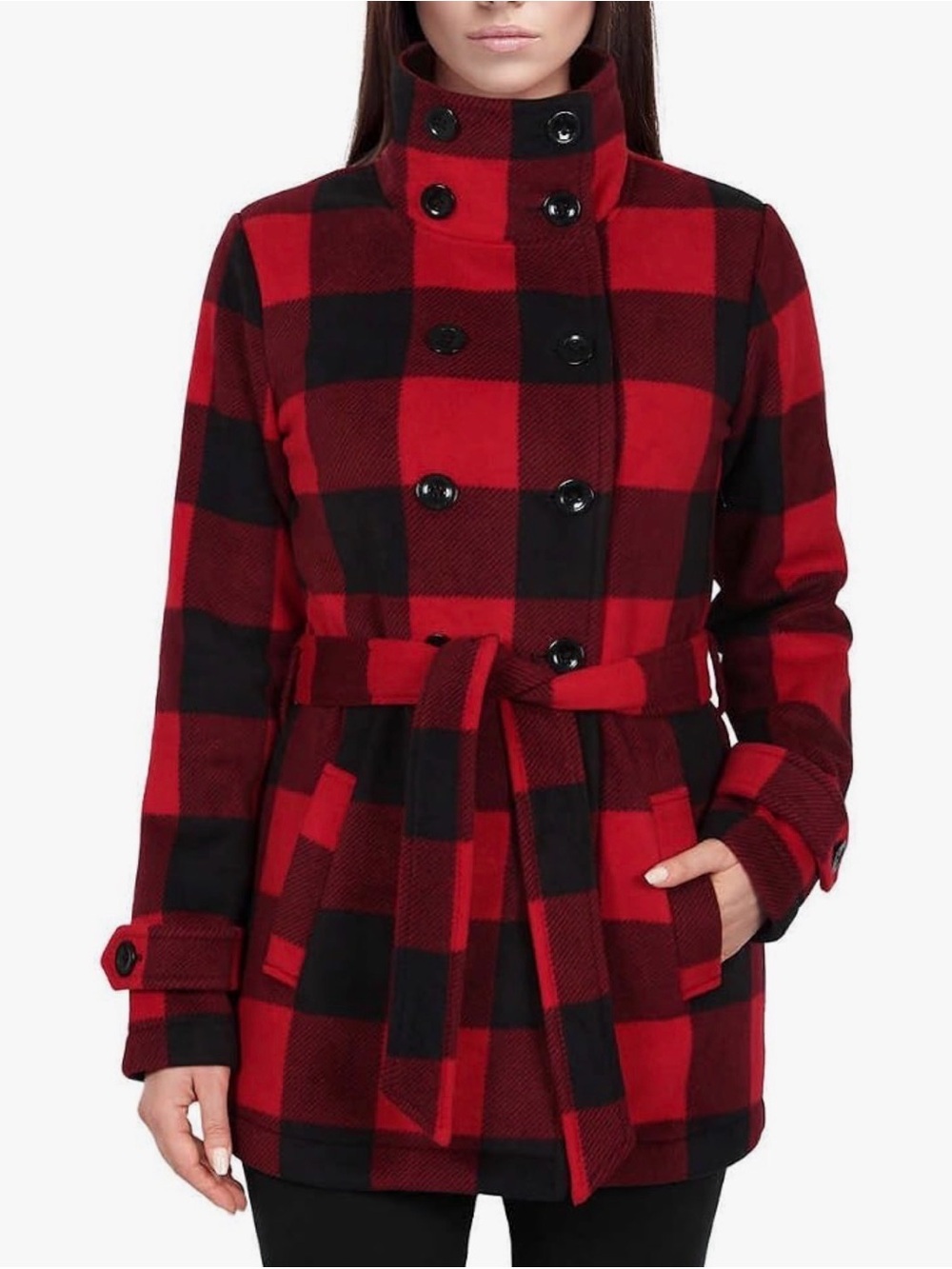 IKE BEHAR Red Black Buffalo Plaid Fleece Pea Coat Jacket Cabincore Belted Small